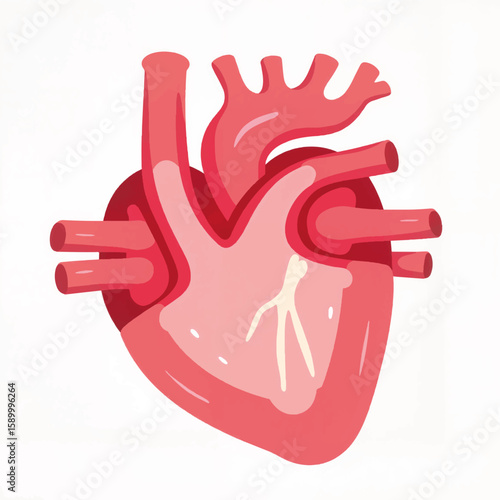 Anatomical illustration of a red human heart with arteries  