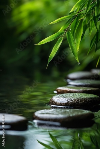 Tranquil Pathway With Stepping Stones and Bamboo Leaves in Serene Water Setting