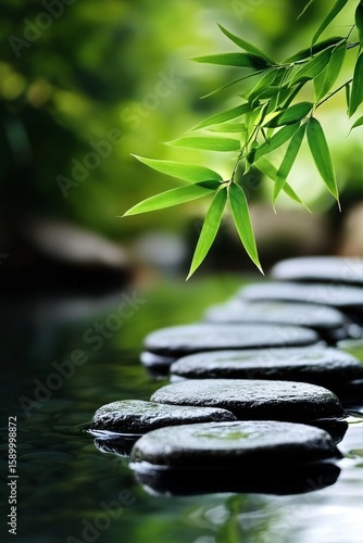 Tranquil Pathway With Stepping Stones and Bamboo Leaves in Serene Water Setting.