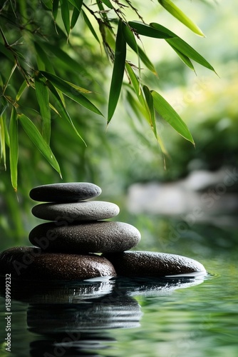 Tranquil Stone Path Through Clear Water Surrounded by Lush Green Foliage in a...