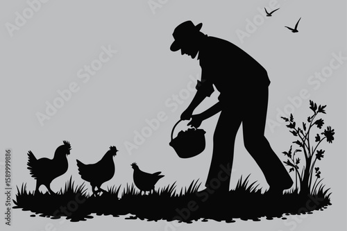 Farmer feeding chickens in morning silhouette vector design art and illustration