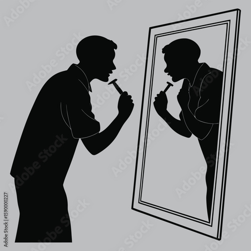 Man shaving in front of mirror silhouette vector design art and illustration