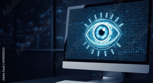 Cybersecurity concept with digital eye on computer screen. Data surveillance and online privacy. Cyber spying and internet monitoring system.