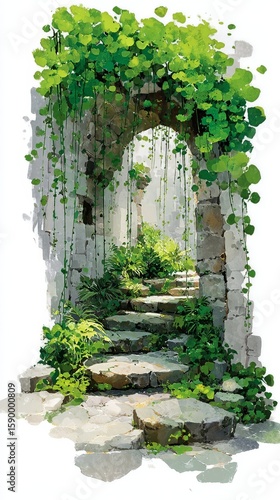 Lush Green Pathway Through an Ancient Stone Archway With Vibrant Plants in a ...
