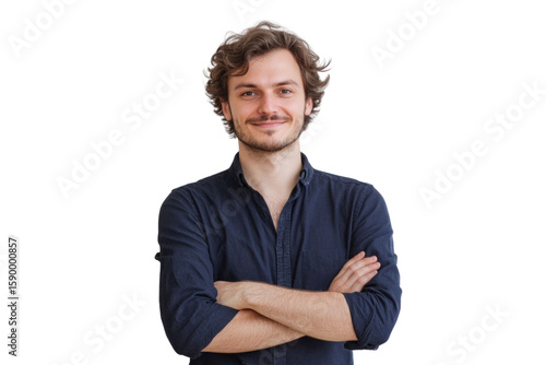Portrait of 30 years old smiling man looking at camera with crossed arms. Happy boy standing in creative office. Successful businessman standing in white background PNG
