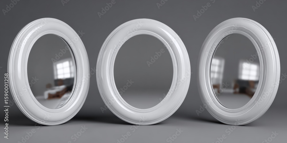 Fototapeta premium Three pristine, circular mirrors with bright white frames are arranged in a row, reflecting an indoor scene. Solid background.