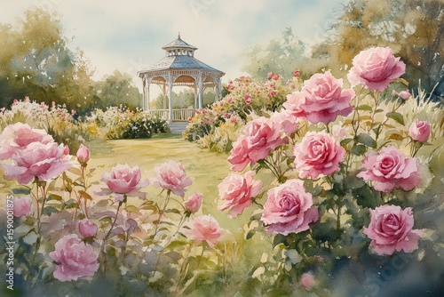 Beautiful Garden Gazebo Surrounded by Blooming Roses in a Sunny Afternoon.