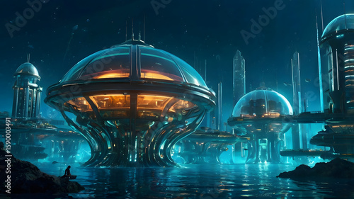 Futuristic Underwater City with Glowing Domes and Sci-Fi Architecture
