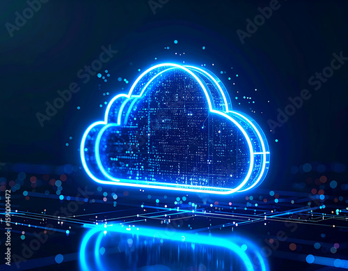 A glowing blue cloud icon hovers above a network of interconnected dots and lines on a dark background.