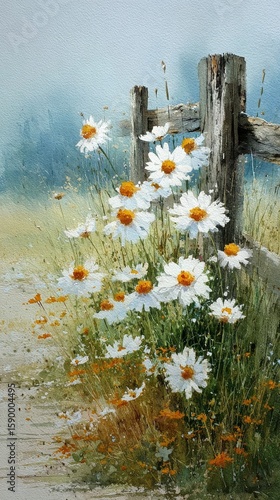 Beautiful Wildflower Garden With Wooden Fence in Springtime Bloom.