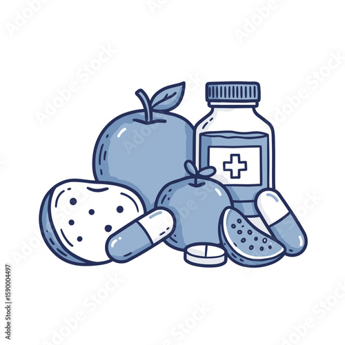 Food supplements with fruits and medicines, no background