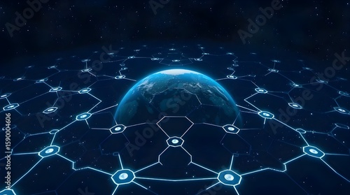 A moody Isekai anime style depicting a hexagonal patterned Earth network at night, using an expressive composition and low contrast for a strong stylistic impact