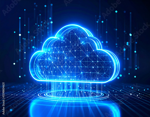 A glowing cloud icon with connected lines and data points, representing cloud computing.