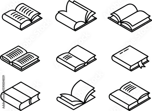 Nine isometric book icons: open, closed, and various angles; simple line art; educational concept.