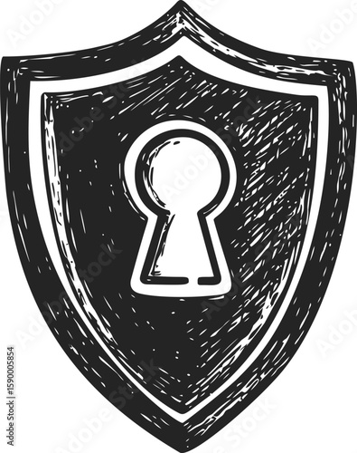 Black and white sketch of a shield with a keyhole symbolizing security concept. Vector illustration