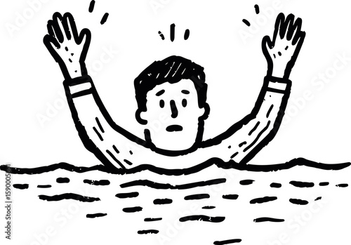 Drowning person raising hands in black and white illustration style. Vector illustration