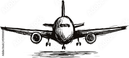 Sketch of a jet airliner front view in black and white, artistic concept. Vector illustration