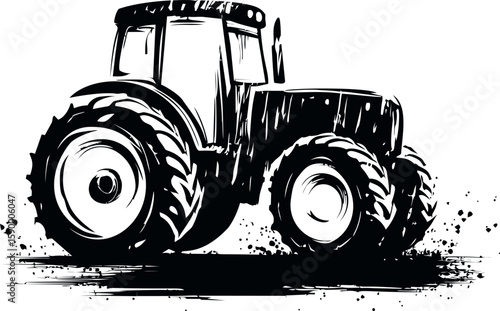 Black and white illustration of a tractor with large wheels and splattered mud. Vector illustration