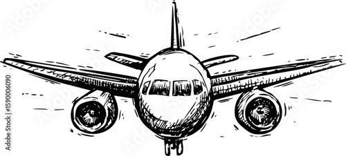 Sketch of a front view airplane with detailed elements, black and white drawing. Vector illustration