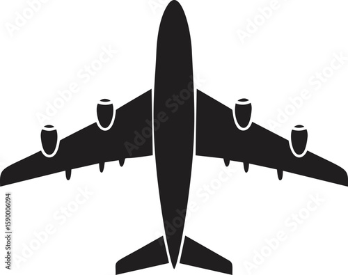 Silhouette of a large airplane with four engines in black and white. Vector illustration