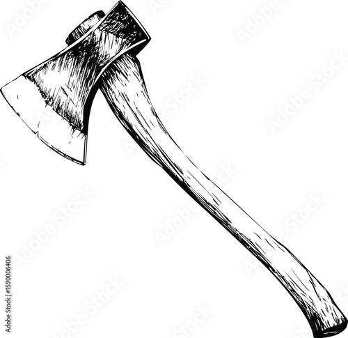 Sketch of a detailed hand-drawn hatchet axe with wooden handle. Vector illustration