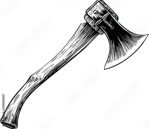 Hand-drawn illustration of a vintage axe with wooden handle and sharp blade. Vector illustration