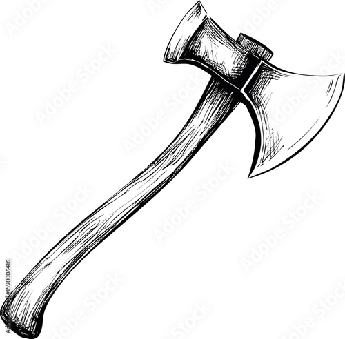Hand-drawn sketch of a double-edged axe with a wooden handle isolated. Vector illustration