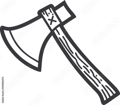 Simple black and white line drawing of a hatchet with wooden handle. Vector illustration