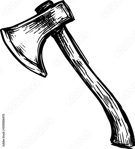 Vintage hand drawn axe illustration with wooden handle and metal blade. Vector illustration