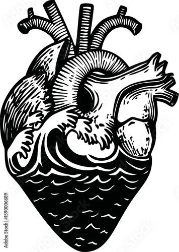 Black and white detailed illustration of an anatomical human heart tattoo design. Vector illustration