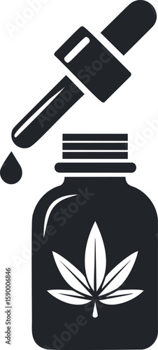 Black and white dropper bottle with cannabis leaf icon, digital illustration. Vector illustration