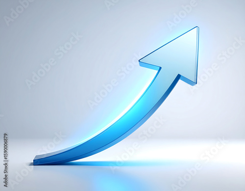 A stylized, glowing blue upward-curving arrow, representing growth and progress.