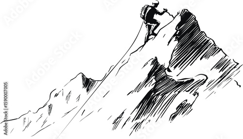 Alpinist climbing a steep mountain ridge in black and white illustration. Vector illustration