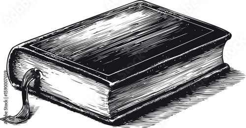 Vintage sketch of a closed book with a ribbon bookmark, hand-drawn illustration. Vector illustration