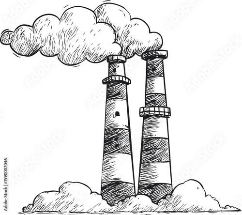 Industrial chimneys emitting thick smoke in monochrome illustration style. Vector illustration