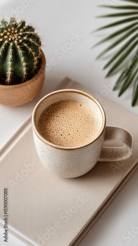 Coffee Cup With Frothy Beverage Beside Plant on a Textured Surface