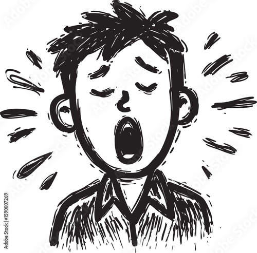 Yawning cartoon boy with expressive lines in black and white illustration. Vector illustration