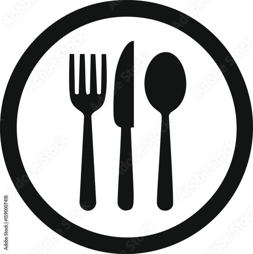 Black and white circle logo with fork, knife, and spoon icons. Vector illustration