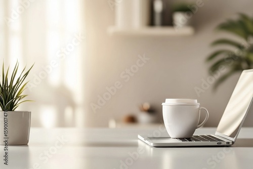 Working at Home With Laptop, Coffee, and Potted Plant in a Bright, Cozy Works...