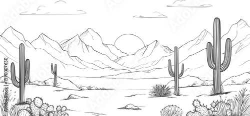 Scenic desert landscape with cacti and mountains under a bright sun illustration. Vector illustration