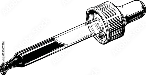 Black and white illustration of a glass dropper with detailed texture. Vector illustration