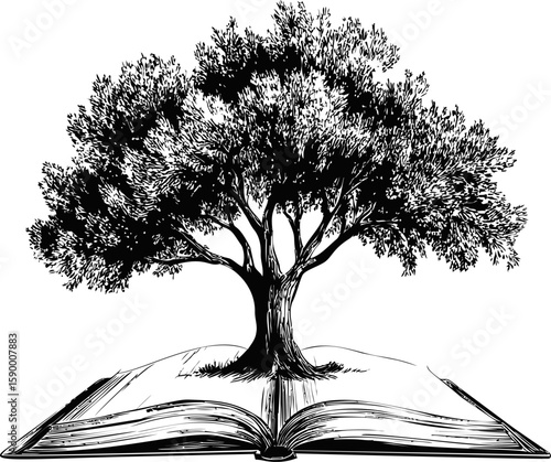 Tree growing from an open book in black and white illustration, symbolizing knowledge. Vector illustration