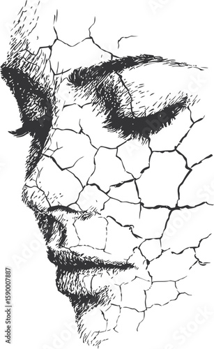 Cracked black and white illustration of a woman’s face with closed eyes. Vector illustration