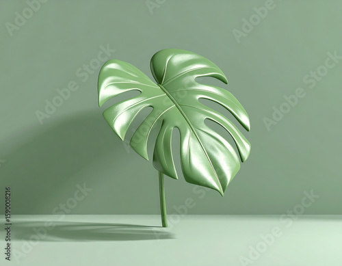 A single, glossy green monstera leaf stands elegantly against a muted green backdrop, casting a subtle shadow.