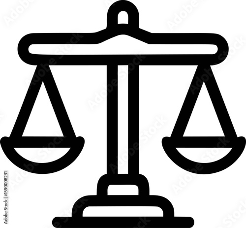 Scales of justice icon in black and white symbolizing balance and fairness. Vector illustration