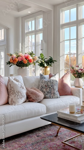 Cozy Living Room With Stylish Decor and Vibrant Flowers in a Modern City Apar...