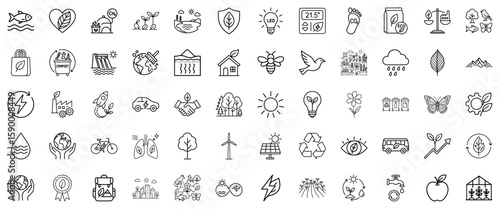 Ecology and environment icon set in line style in black and white representing sustainability