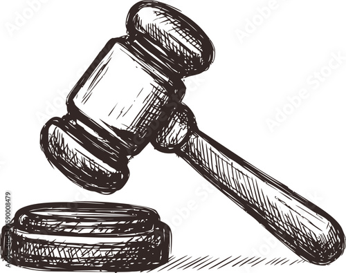 Sketch of a wooden gavel on a sound block symbolizing justice and authority. Vector illustration