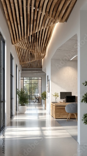 Modern Office Hallway With Wooden Ceiling and Natural Light in a Bright Works...
