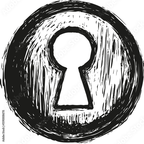 Grunge circular keyhole with textured black and white pattern illustration. Vector illustration
